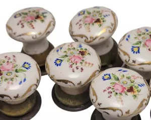 Vintage Hand Painted Porcelain Drawer Knobs Decor Brass & Flowers (6) Six - Picture 1 of 10