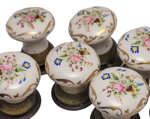 Vintage Hand Painted Porcelain Drawer Knobs Decor Brass & Flowers (6) Six Cover