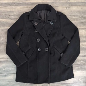 Women's OKAY Black 3 Button Pea Coat Size 38 Jacket Mid Length Polyester - Picture 1 of 12