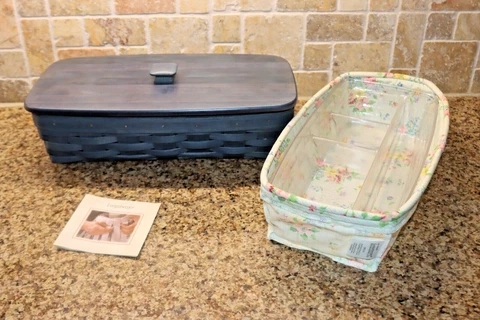 Longaberger Bread Basket Rare Blue Stain Liner 2 piece protector Woodcrafts Lid Cover