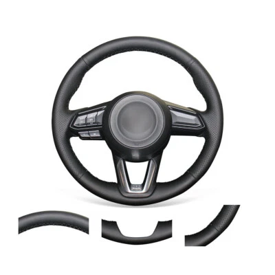 DIY Hand Stitched Black Leather Car Steering Wheel Cover Wrap for Mazda 3 CX-3 - Image 1 of 4