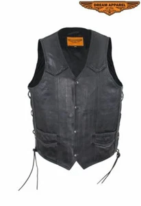 Motorcycle Men's Leather Vest Braided Multiple Pockets with Side Laces Black - Picture 1 of 10