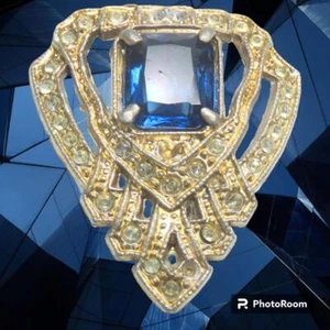 Spilla clip abito art deco anni '30 blu e strass trasparenti vaso metallo - Foto 1 di 5