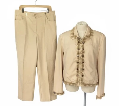 ST JOHN Sport Tan Fringe Trim Tortoise Shell "SJ" Buttons Jacket Pants Set XL 16 - Image 1 of 4