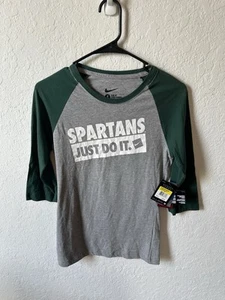 NIKE Women’s Small Michigan State Spartans Gray 3/4 Sleeve T-Shirt Sparkle NWT - Picture 1 of 4