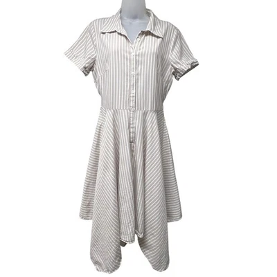 Vintage Liz Claiborne Beige White Stripe Midi Handkerchief Shirt Dress Size 10 - Image 1 of 4