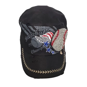 Baseball Champions Rhinestone Distressed Leader LOGA Hat Black Adjustable Womens - Picture 1 of 8