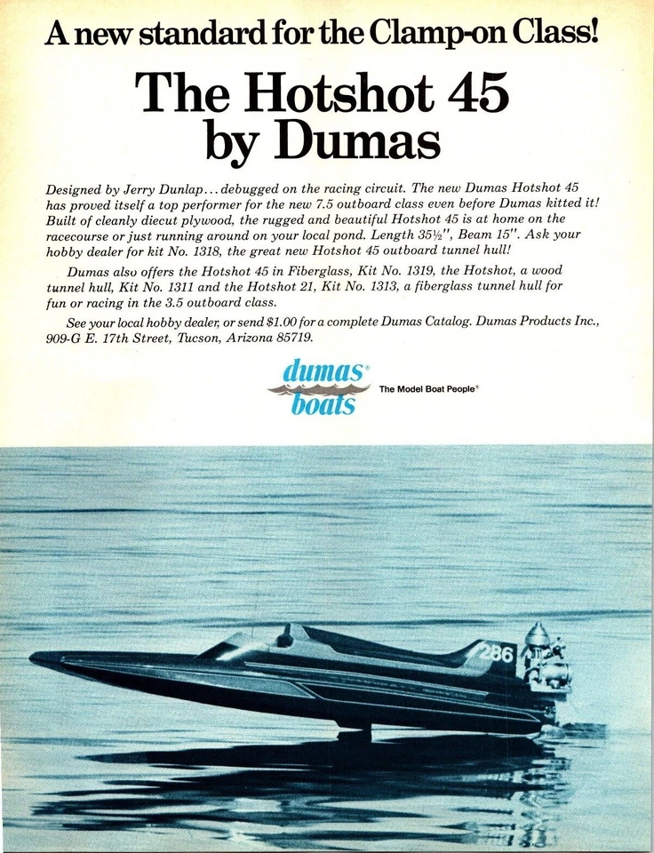 Dumas Hotshot 45 RC Boat Print Ad Ephemera Kit No 1319 by Dunlap - Image 1 of 1