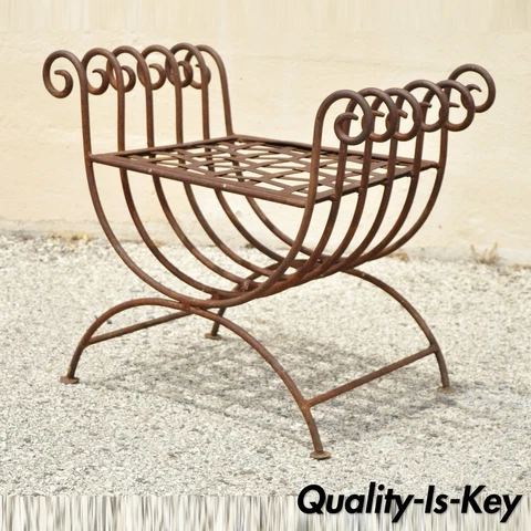 Vintage Wrought Iron Curule Bench Scrolling Rusty Metal Bench X - Frame Cover