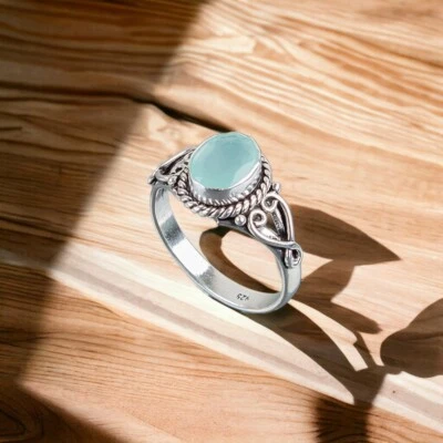 Anillo de piedras preciosas naturales de calcedonia aguamarina para mujer regalo de plata de ley 925 Foto 1 de 4