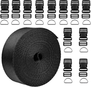 1 Inch Wide 10 Yards Black Nylon Heavy Webbing Strap+12 Pcs Black Plastic 1-Inch - Picture 1 of 7