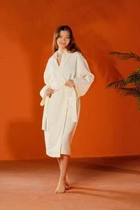 Waffle Textured Cream Hooded Bathrobe – Lightweight Cotton Robe for Women - Picture 1 of 9