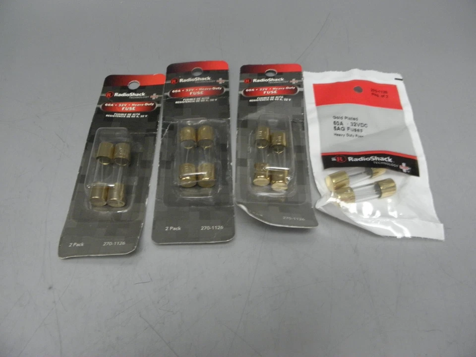 CUATRO PAQUETES DE 2 FUSIBLES RADIOSHACK 270-1126 60A 32VDC 5AG CHAPADOS EN ORO DE ALTA RESISTENCIA Foto 1 de 1