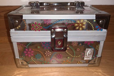 Caboodles Cosmetic Box Clear Floral Iridescent Train Case Blue Pink Flowers Silv - Image 1 of 4