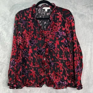 Coldwater Creek Mesh Crinkle Burnout Velvet Ruffle Button-Up Shirt Size PL - Bild 1 von 18