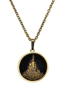 DISNEY Gold Tone / Black Background CINDERELLA CASTLE Ladies Pendant Necklace - Picture 1 of 4