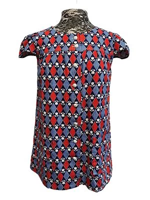 Delantal Top Vintage Años 70 Bata de Artista Floral Abotonada Rojo Azul Retro Bolsillos S Foto 1 de 4