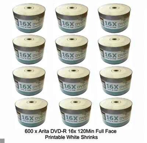 600 Arita DVD-R Discs Full Face Inkjet Printable 4.7gb 120mins - Picture 1 of 3