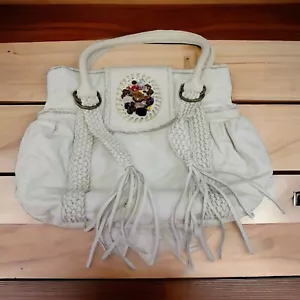 Bloomingdale's Leather Shoulder Bag Purse White tasseled strips beaded closure - Picture 1 of 13