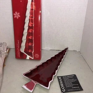 Gorham Christmas Splendor Metal Tree Shape Candy Nut Dish Silver Red Enamelware - Picture 1 of 6