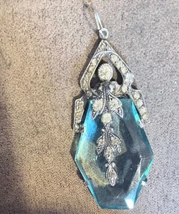 vintage art deco blue glass pendant rhinestones and stirling silver 1.6 x 0.87 - Picture 1 of 4