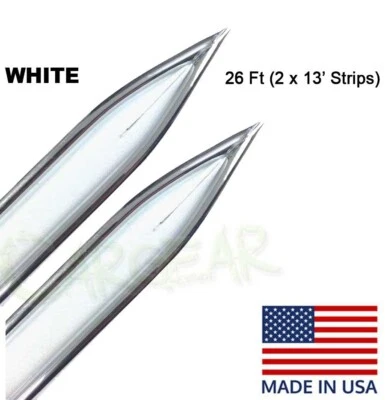 5/8" Vintage Style White & Chrome Beltline Trim Side Molding w/Points 26 Ft Foto 1 de 4