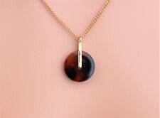 BROWN Round Plastic DISC PENDANT NECKLACE Lightweight Chain GOLD Tone