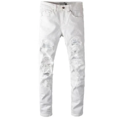 Men's White Denim Jeans Rhinestone Ripped Casual Straight Leg Pants Trousers New - Image 1 of 4