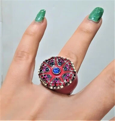 9 Sz Fashion Oversize Cocktail Statement Prom Ring Silver Crystal Enamel Red Sun - Image 1 of 4