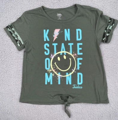 Camisa Justicia Jóvenes Niñas Grande 12/14 Olivia Gris Verde Tipo Cara Feliz Lentejuelas Foto 1 de 4