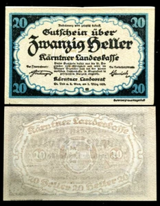 Austria Carinthia 20 Heller 1920 World Paper Money UNC - 100 Yrs Old - Picture 1 of 1