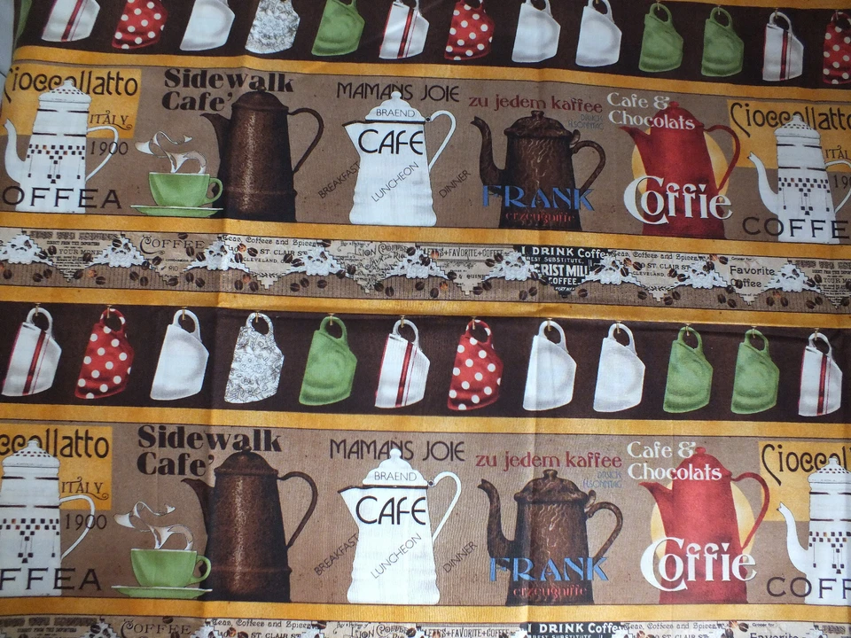2 yard yd COFFEE CUP Pot cotton fabric TIDINGS of GREAT JOY Quilt Treas BORDER - Image 1 of 3