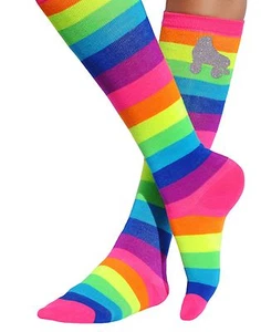 Girls Neon Rainbow Knee High Socks Roller Skates Skating Party Women's Shoe 4-11 - Picture 1 of 9