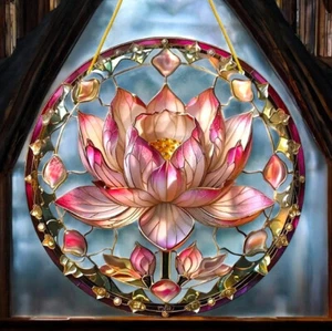 Faux Stained Glass Acrylic Art Pink Lotus Flower Suncatcher – 8in Round - Picture 1 of 4