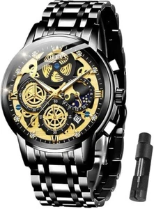 OLEVS Men Wrist Watch Skeleton Stainless Steel Luxury Quartz Chronograph - Black - Picture 1 of 6