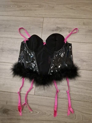 Corsé vintage Ann Summers negro con ribete de plumas de PVC bustier vasco talla 14-16 Foto 1 de 4