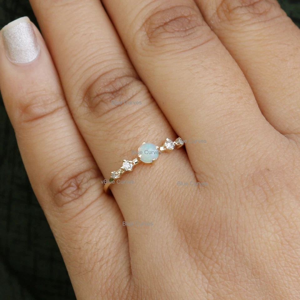 Anillo conjunto de puntas de oro amarillo sólido de 14 k con piedras preciosas de ópalo etíope y diamantes naturales Foto 1 de 3