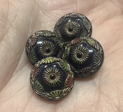 Vtg Lot 4 pc Victorian Black Glass Buttons 1/2" Colorful Glaze Flower Fan Eye - Image 1 of 4