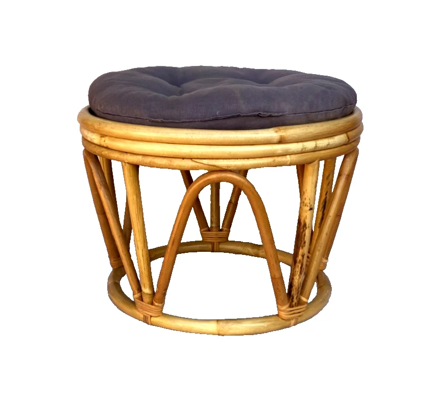 Pier 1 vintage? MCM Bambú Madera Curvada Ratán Reposapiés Otomano con Cojín Foto 1 de 3