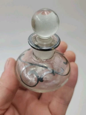 Antique Art Noveau Silver Overlay Glass Scent/Perfume Bottle Vanity Small 2.5" - Image 1 of 4
