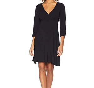 Mododoc Women Black V-Neck 3/4-Sleeve Stretch Flounce Hem Dress Size M - Picture 1 of 3