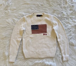 Polo Ralph Lauren American Flag Sweater USA Knit Crewneck Cream Medium - Picture 1 of 6