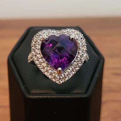 KJC Sterling Silver Amethyst Heart White Topaz Double Halo Band Ring 925 Sz: 6.5 - Image 1 of 4