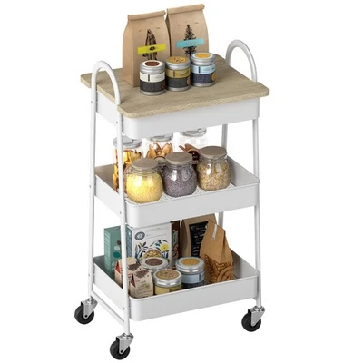 HOMCOM Rolling Utility Cart with Mesh Baskets for Kitchen White Oak - Image 1 of 4