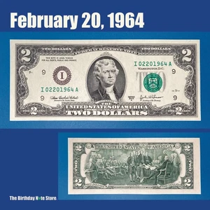 February 20, 1964 Birthday Anniversary $2 Two Dollar Bill Serial Number 02201964 - Picture 1 of 2