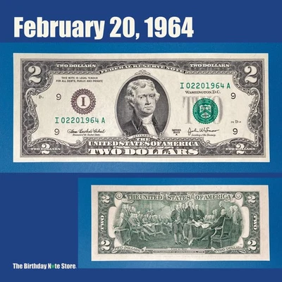 February 20, 1964 Birthday Anniversary $2 Two Dollar Bill Serial Number 02201964 - Image 1 of 2