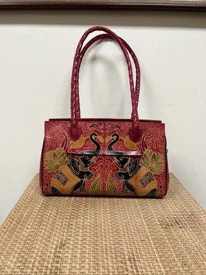 Patricia Nash Red Tooled Handbag, Elephant & Floral Motif Over Shoulder Purse - Image 1 of 4