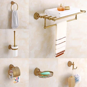 7Pcs Antique Bathroom Accessories Restroom Hardware Set Carved Brass Towel Bar - Picture 1 of 9