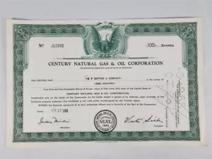 Certificado de acciones de Century Natural Gas & Oil Corporation 100 acciones 17 de abril de 1961 - Imagen 1 de 2