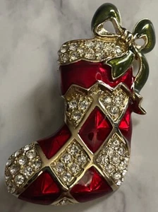 Vintage Monet Christmas Pin Red Enamel Rhinestone Stocking Brooch Z-67 - Picture 1 of 7
